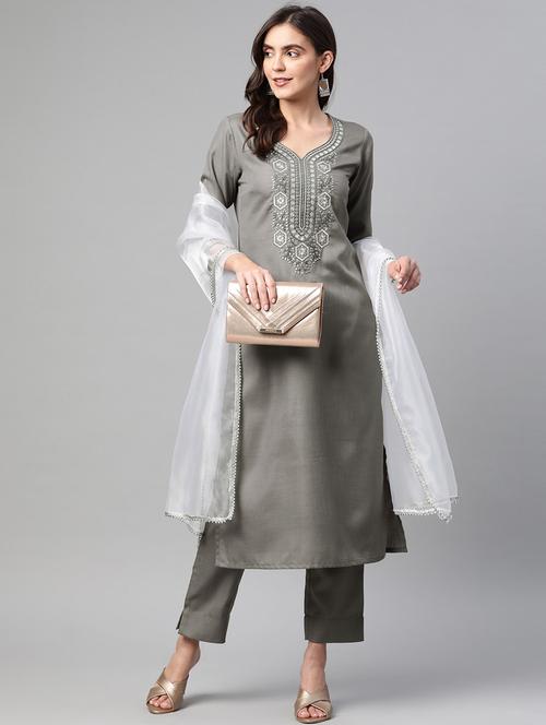grey cotton blend kurta pant set - 18278726 - Very Small Image - 1
