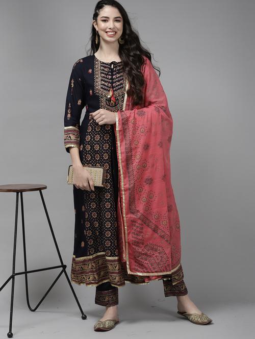 navy viscose kurta pant set - 18279796 - Very Small Image - 1
