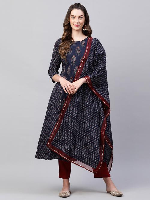 navy cotton kurta pant set - 18280341 - Very Small Image - 1