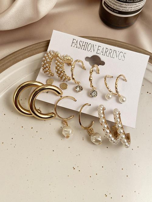 combo 9 pair stunning gold plated pearl hoop earrings - 18280919 - Very Small Image - 1