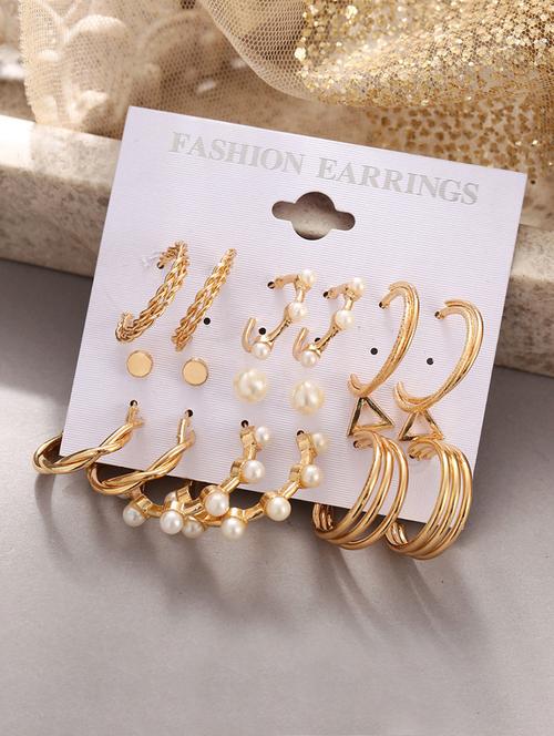 combo 9 pair stylish gold plated pearl hoop studs earrings - 18280920 - Very Small Image - 1