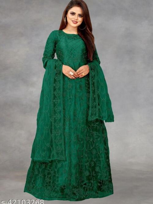 ladies net embroidered semi-stitched gown green - 18281600 - Very Small Image - 1