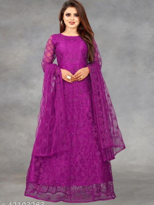 ladies net embroidered semi-stitched gown purple - 18281601 - Very Small Image - 1