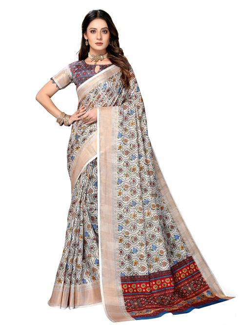 offwhite art silk printed saree with blouse - 18281639 - Very Small Image - 1