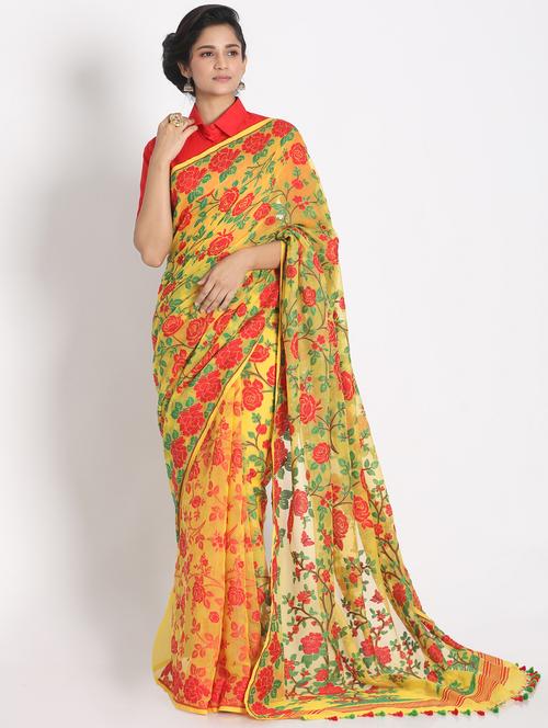 yellow cotton blend jamdani saree - 18281837 - Very Small Image - 1