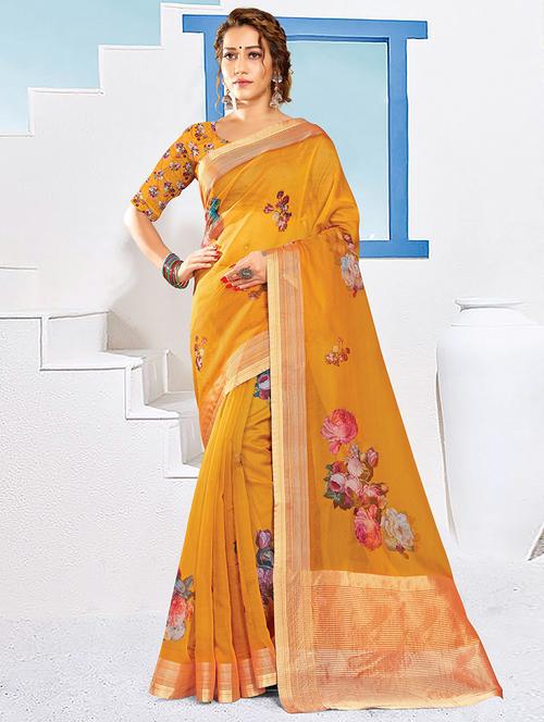 women's floral mustard colored saree with blouse - 18282550 - Very Small Image - 1