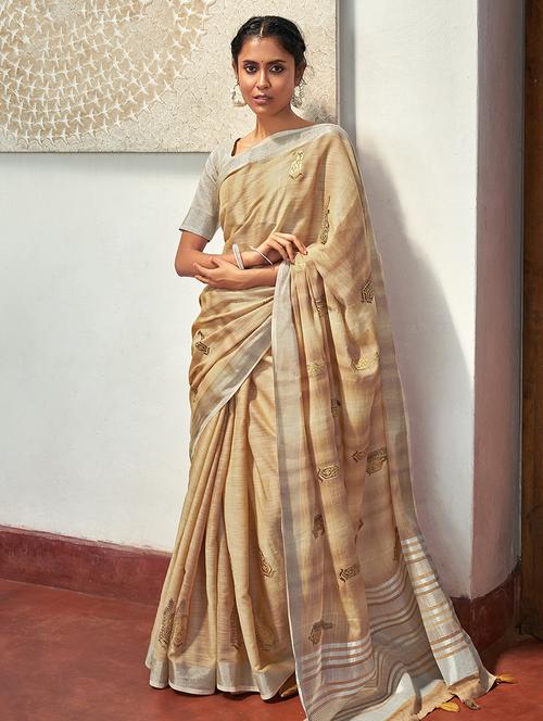 beige linen saree with blouse - 18283127 - Very Small Image - 1