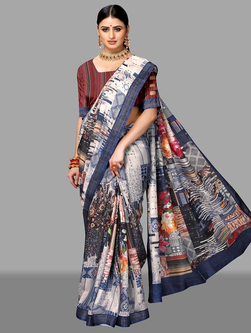 offwhite art silk printed saree with blouse - 18283807 - Very Small Image - 1