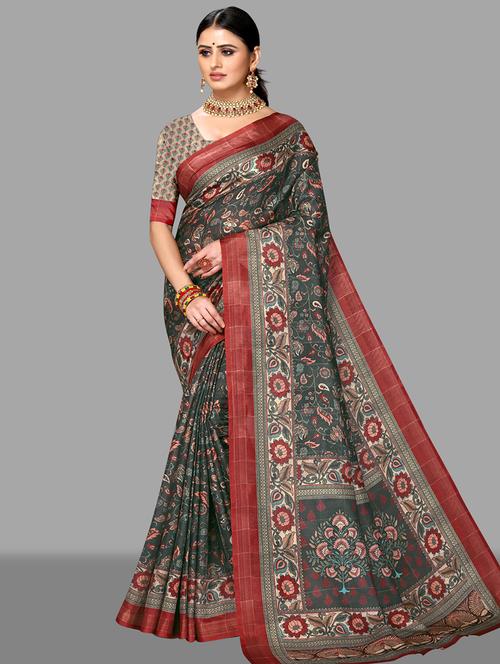 green art silk printed saree with blouse - 18283810 - Very Small Image - 1