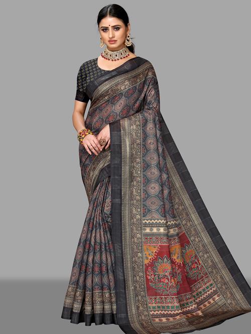grey art silk printed saree with blouse - 18283812 - Very Small Image - 1