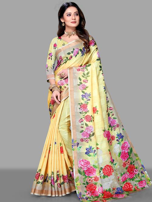 yellow art silk printed saree with blouse - 18283821 - Very Small Image - 1