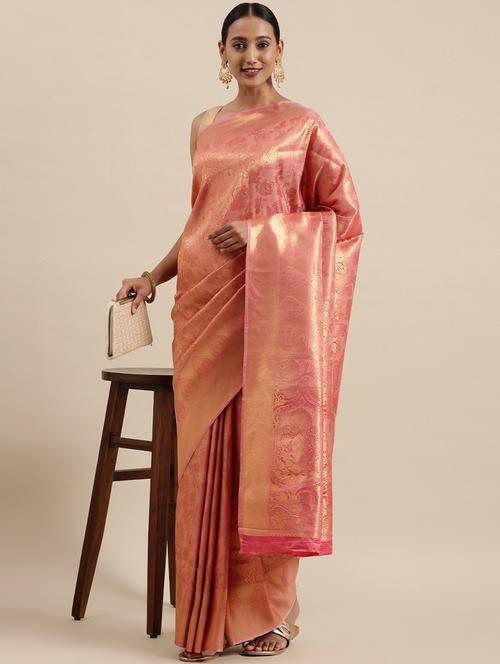 peach silk saree with blouse - 18284000 - Very Small Image - 1