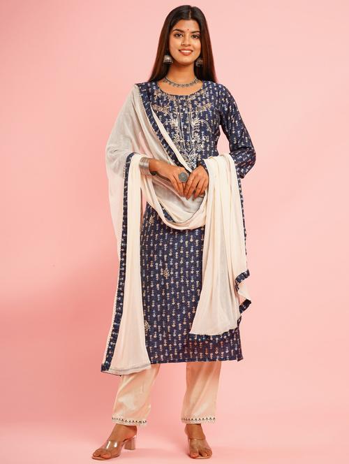 navy rayon kurta pant set - 18284383 - Very Small Image - 1