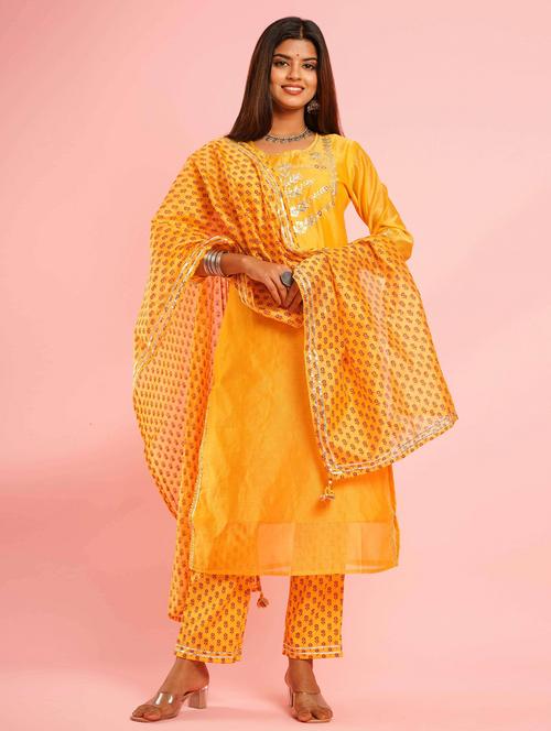 yellow chanderi kurta pant set - 18284385 - Very Small Image - 1