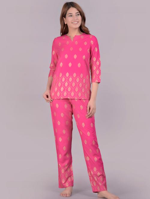 notch neck printed nigtwear pajama set - 18285182 - Very Small Image - 1