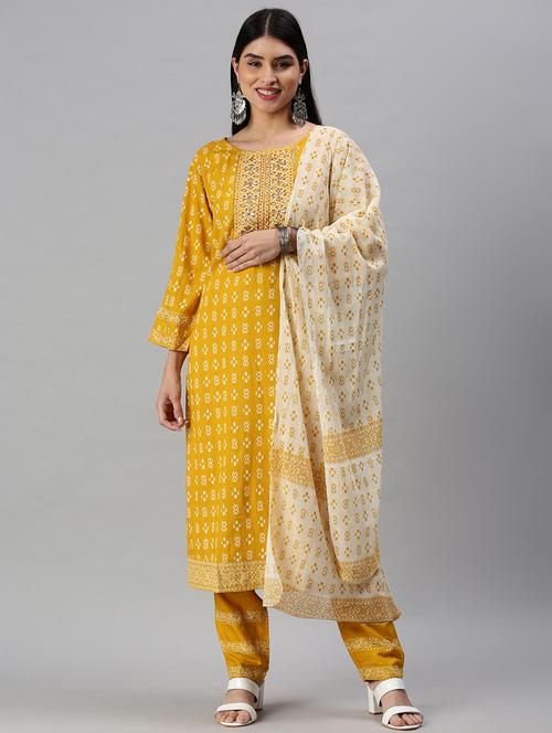 yellow cotton blend kurta dupatta set - 18285556 - Very Small Image - 1