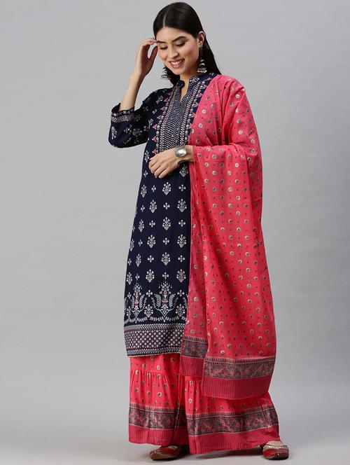 navy cotton blend kurta sharara set - 18285557 - Very Small Image - 1