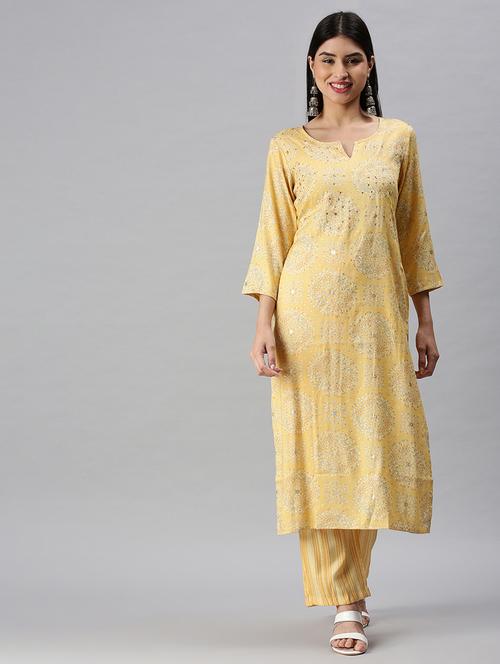yellow cotton blend kurta pant set - 18285563 - Very Small Image - 1