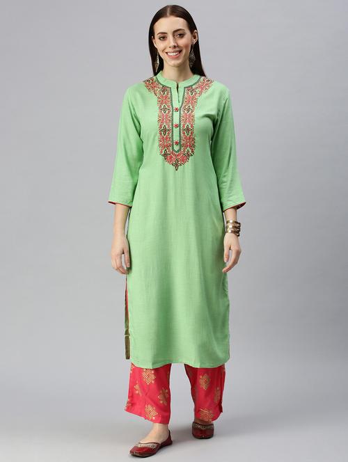 green cotton blend kurta palazzo set - 18285622 - Very Small Image - 1