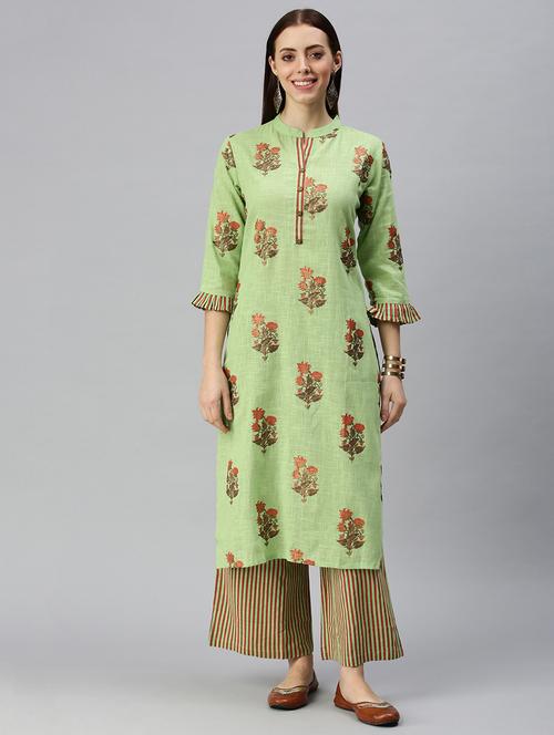 green cotton blend kurta palazzo set - 18285625 - Very Small Image - 1