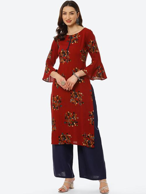 maroon printed straight kurta - 18285881 - Very Small Image - 1