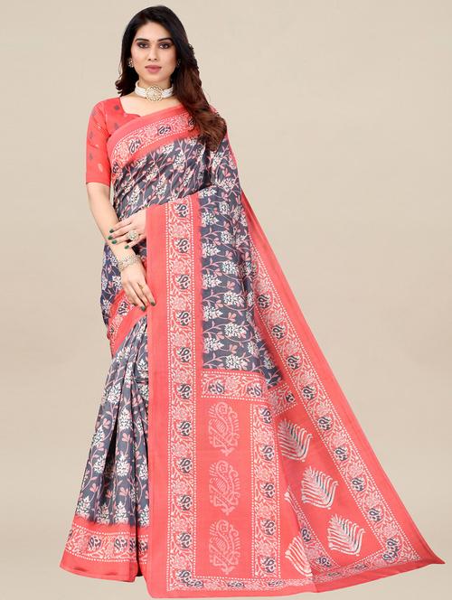 grey silk blend ikat saree with blouse - 18286026 - Very Small Image - 1