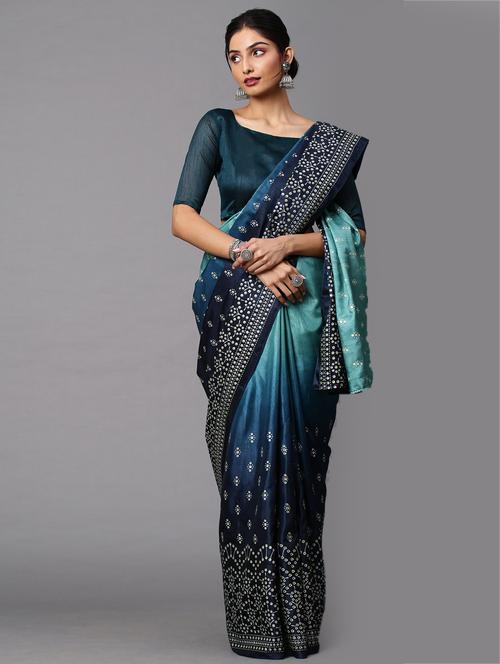 blue silk blend plain saree with blouse - 18286067 - Very Small Image - 1