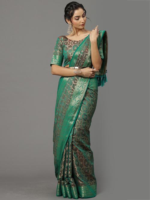 green silk blend banarasi saree with blouse - 18286069 - Very Small Image - 1