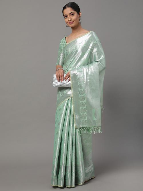 green silk blend kanjivaram saree with blouse - 18286070 - Very Small Image - 1