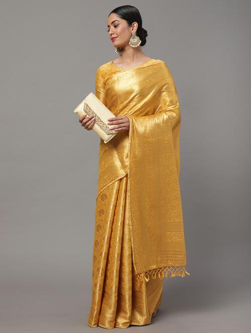 yellow silk blend kanjivaram saree with blouse - 18286086 - Very Small Image - 1