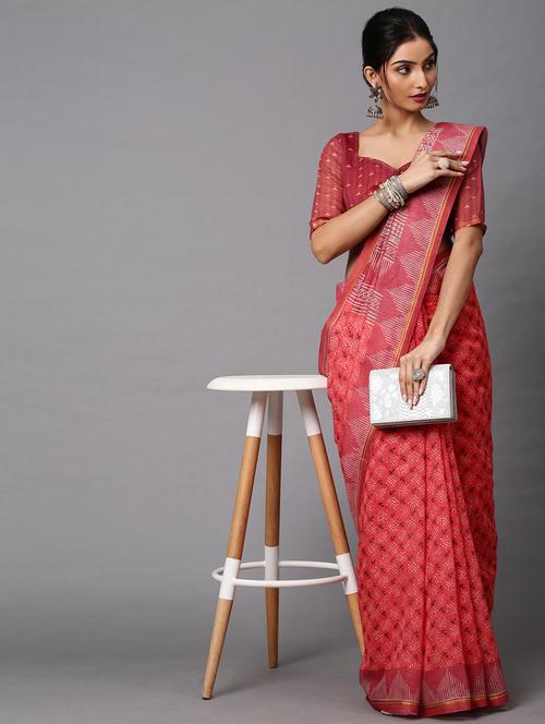 orange linen printed saree with blouse - 18286102 - Very Small Image - 1