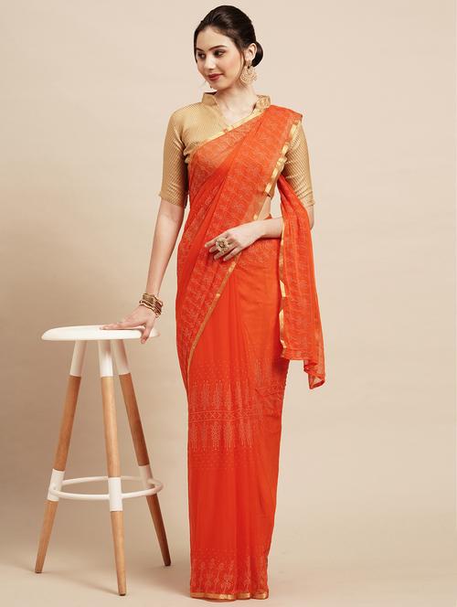 orange chiffon plain saree - 18286117 - Very Small Image - 1