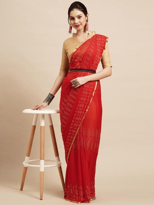 red chiffon plain saree with blouse - 18286119 - Very Small Image - 1