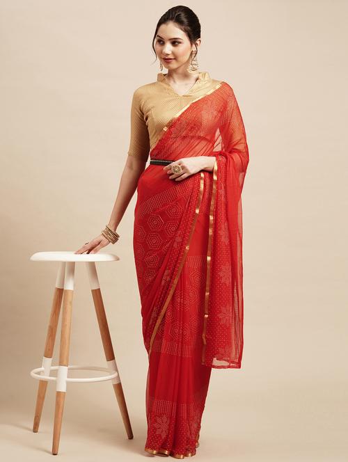 red chiffon plain saree with blouse - 18286124 - Very Small Image - 1