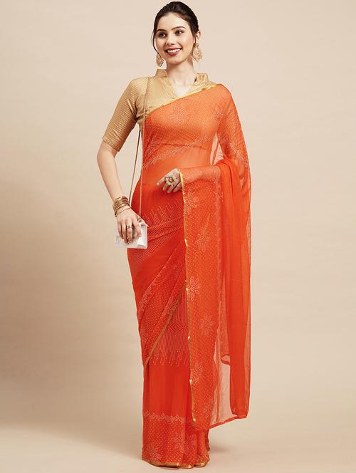 orange chiffon plain saree with blouse - 18286137 - Very Small Image - 1