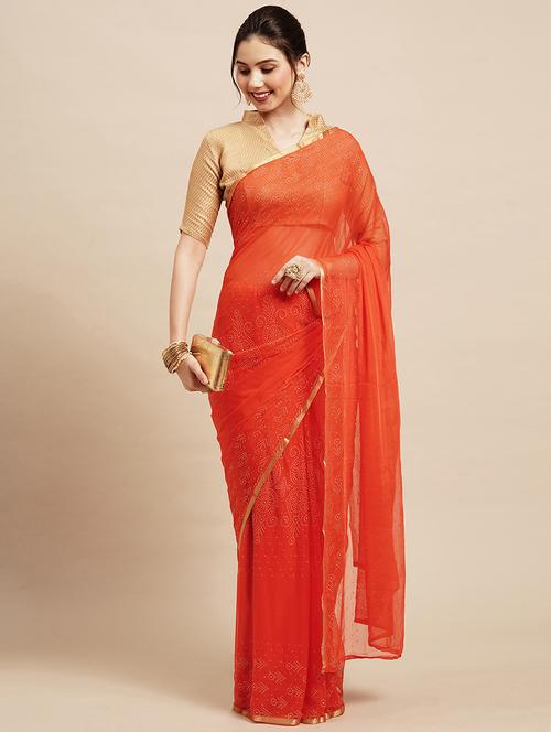 orange chiffon plain saree with blouse - 18286144 - Very Small Image - 1
