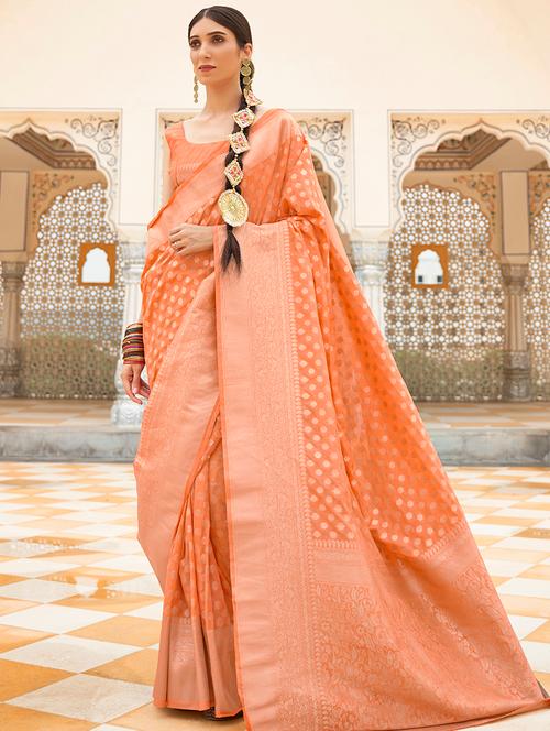 orange nylon banarasi saree with blouse - 18286157 - Very Small Image - 1