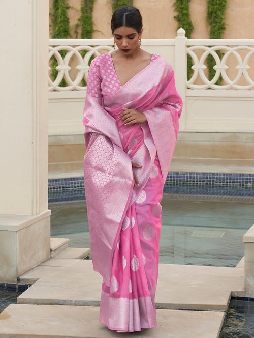 pink linen banarasi saree - 18286210 - Very Small Image - 1
