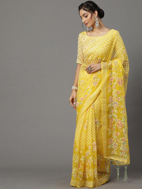 yellow net chanderi saree with blouse - 18286228 - Very Small Image - 1
