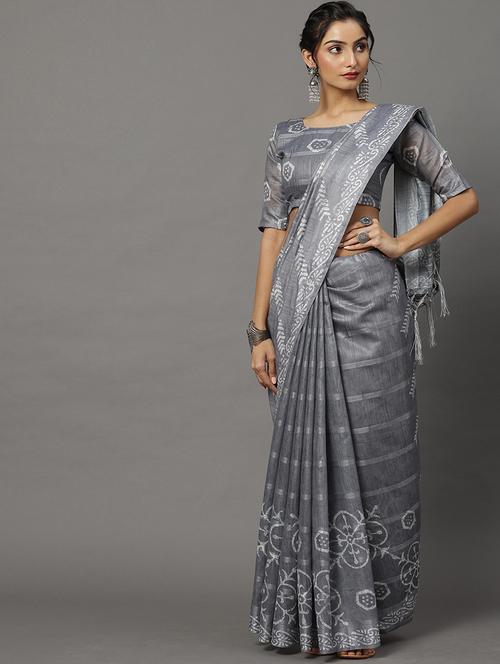 grey silk printed saree - 18286256 - Very Small Image - 1