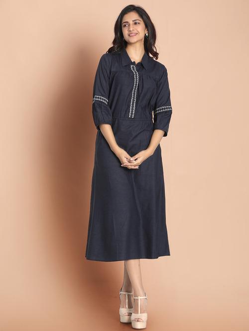 tie back embroidered detail denim dress - 18287091 - Very Small Image - 1