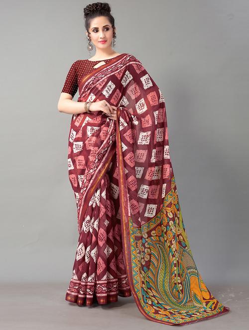 women's kalamkari maroon colored saree with blouse - 18287207 - Very Small Image - 1