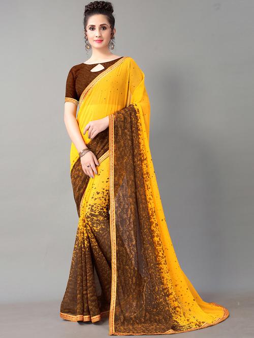yellow georgette printed saree with blouse - 18287250 - Very Small Image - 1