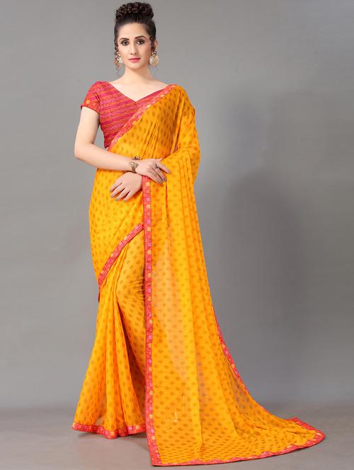 yellow chiffon printed saree with blouse - 18287266 - Very Small Image - 1