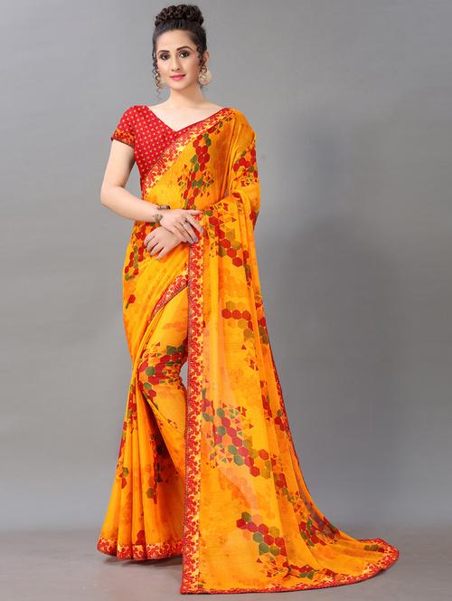 yellow chiffon printed saree with blouse - 18287267 - Very Small Image - 1