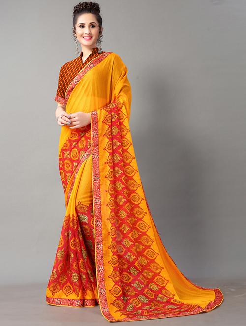 yellow chiffon printed saree with blouse - 18287268 - Very Small Image - 1