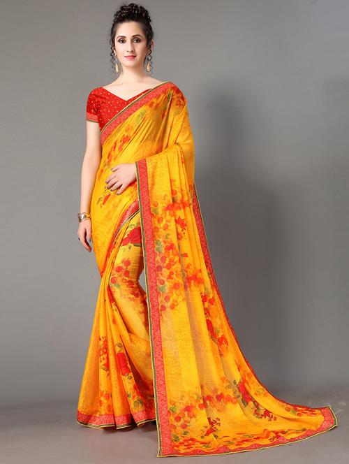 yellow chiffon printed saree - 18287272 - Very Small Image - 1