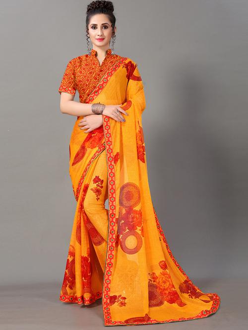 yellow chiffon printed saree with blouse - 18287273 - Very Small Image - 1
