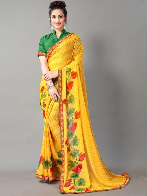 yellow chiffon printed saree with blouse - 18287275 - Very Small Image - 1