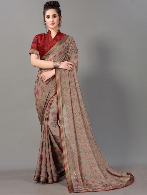 grey chiffon printed saree with blouse - 18287280 - Very Small Image - 1